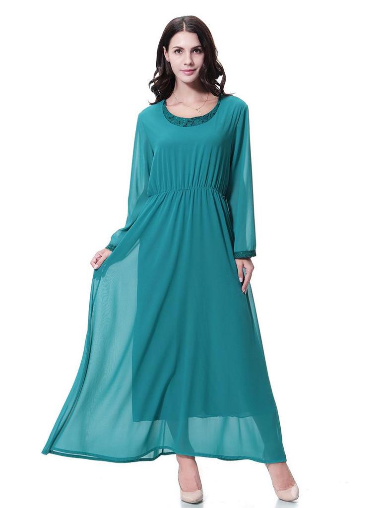 Women's Chiffon Lace Maxi Dress with Round Neck and Long Sleeves, TH923