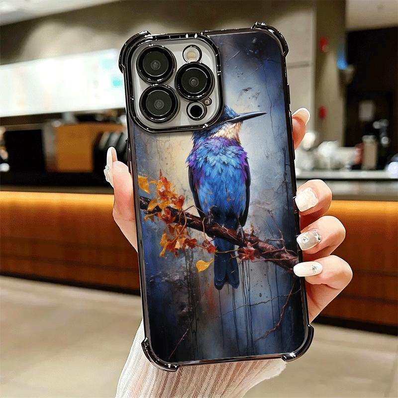 Bird Oil Painting Style Plating Phone Case For Iphone 16 17 Pro Max Air 16E 14 15 Plus 12 13 Mini Anti-Fall Airabag Cover