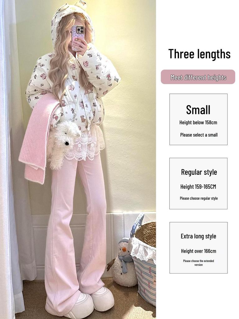 Winter 2025 Women's High-Waisted Pink Fleece-Lined Micro-Flare Sweatpants - Petite Size.