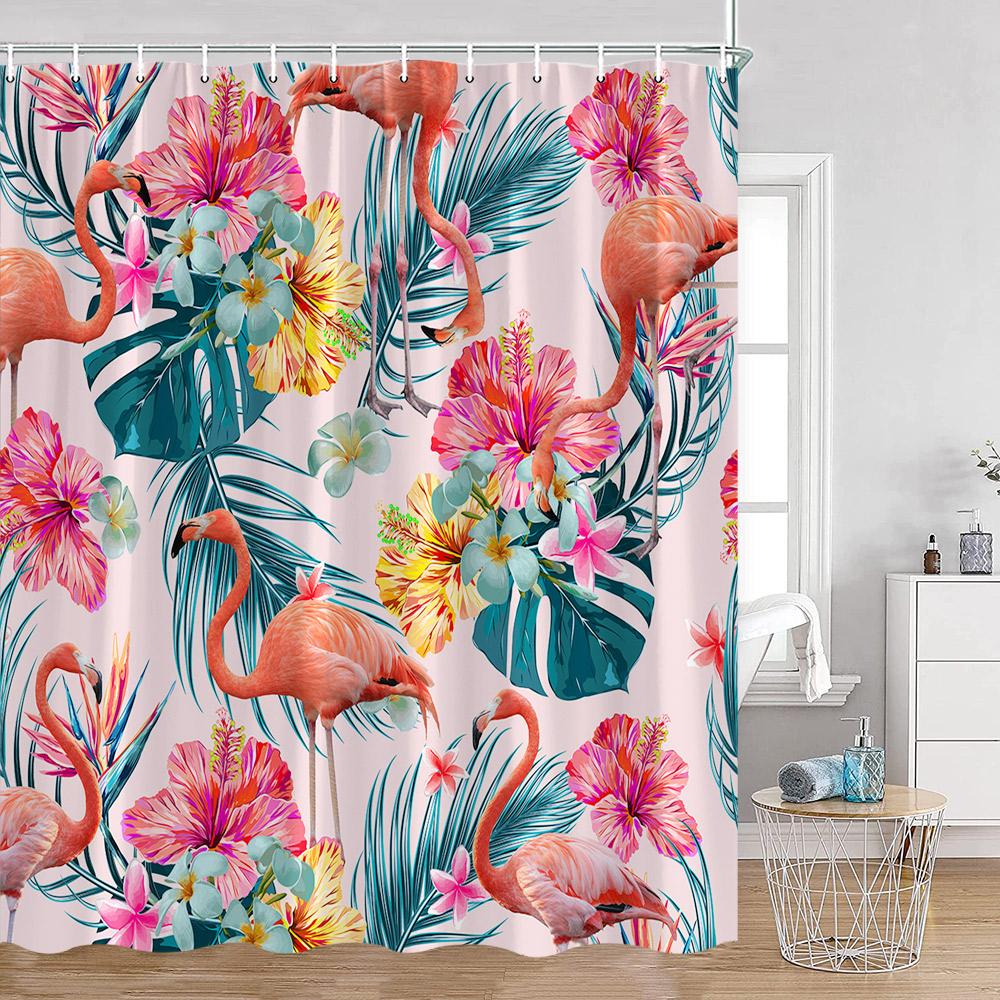 Flamingo Pink Birds Shower Curtains Tropical Palm Leaves Plants Jungle Nordic Bath Curtain Summer Vacation Fabric Bathroom Decor