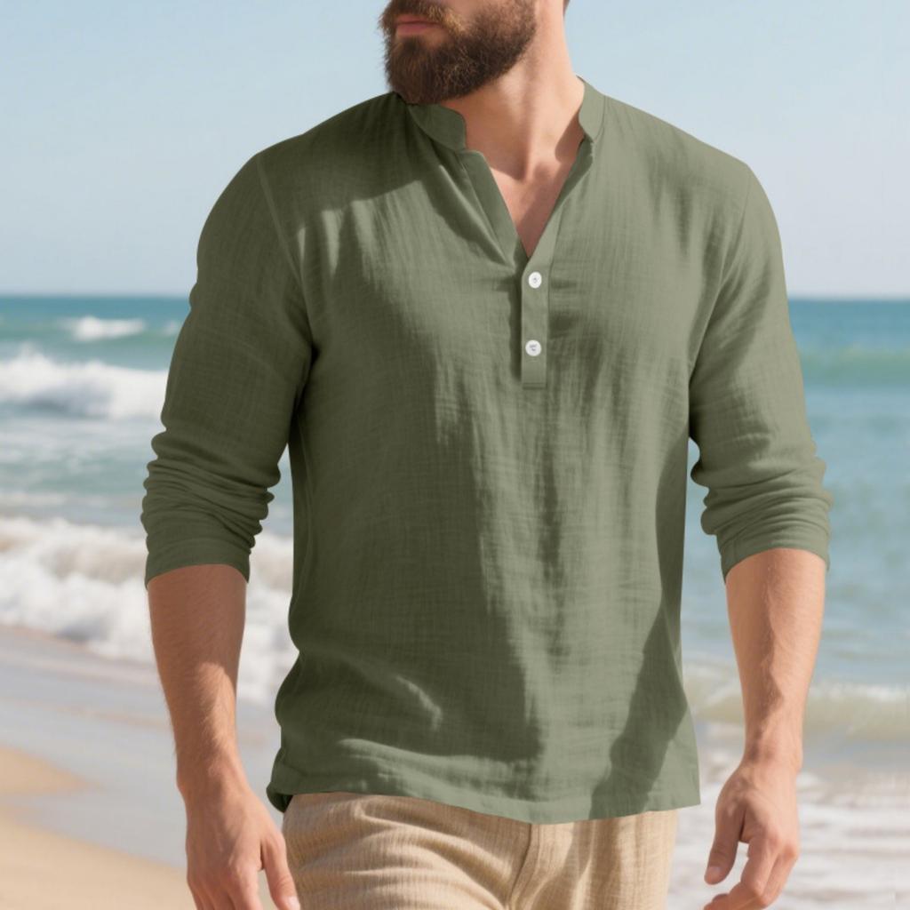 Men's Linen Long-Sleeve T-Shirt - Loose Fit Stand Collar Button Casual Long-Sleeve Top