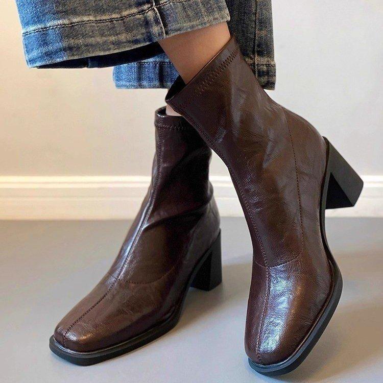 Soft leather version~ short boots commuter high-heeled elastic thin boots 2025 autumn and winter soft-soled public sector retro thick-heeled boots