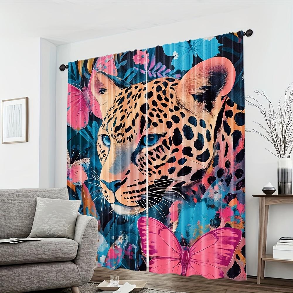 Set Of 2 Vibrant Abstract Style Leopard Tiger Butterfly Print Curtains Polyester Perfect Liv Vintage Made Machine Washable