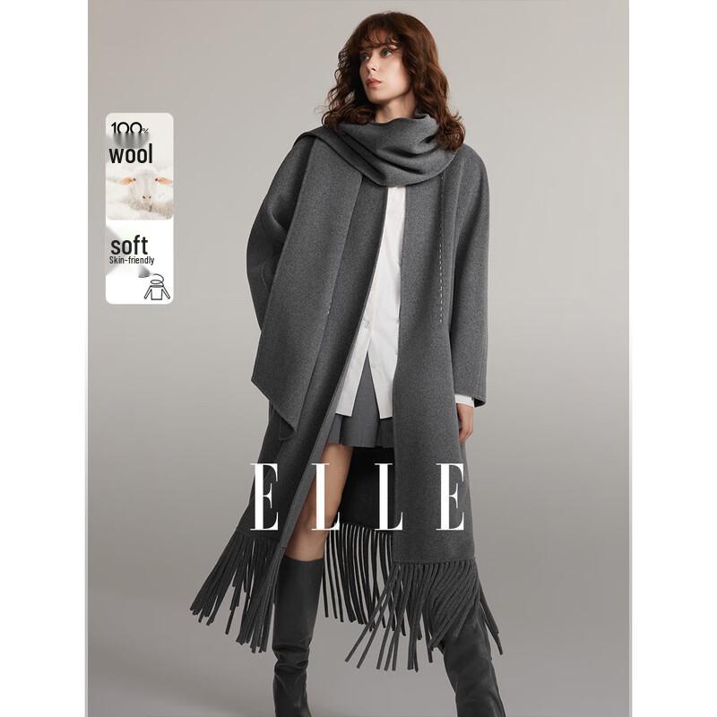 ELLE Women s Lambswool Fringe Double-Faced Coat M