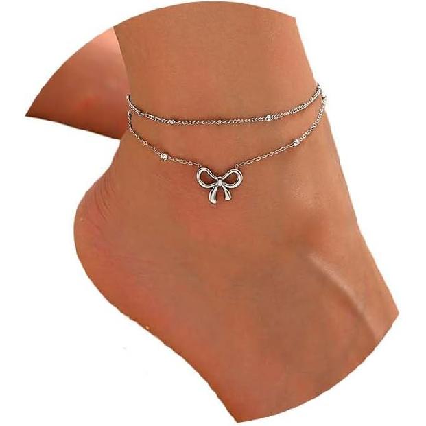 NONAMOIS 18K Gold Plated Ankle Bracelets for Women Waterproof | Stainless Steel Gold CZ Cross Layered Bow Link Chain Anklets Non Tarnish Summer Beach