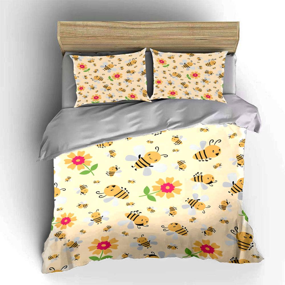 Cute Bees and Flowers Pattern Bedding Duvet Cover Set (1*Duvet Cover 2*Pillowcases, without duvet insert)
