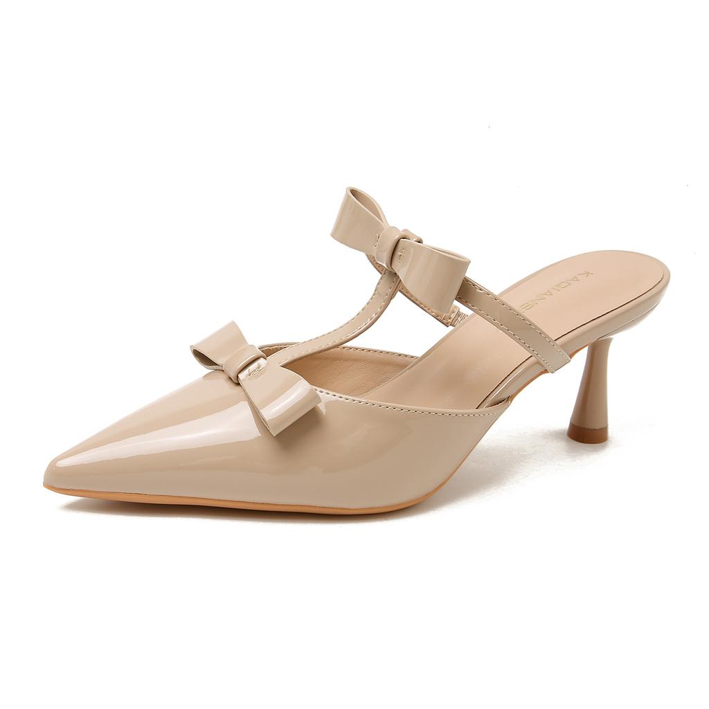 Fashion Elegant Black Pointed Toe Pumps Women Sweet Butterfly-knot T Strap Decoration Slide Sandals Fashion Comfort Brand Designer Shoes