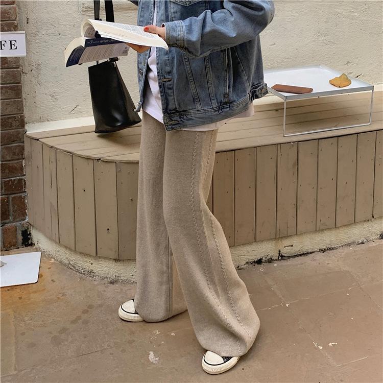 Women’s Solid Fashion Slim Thicken Knit Pants High Waist Casual Stylish Straight Trousers for Lady Soft Comfortable Versatile Warm Loose Knit Pants