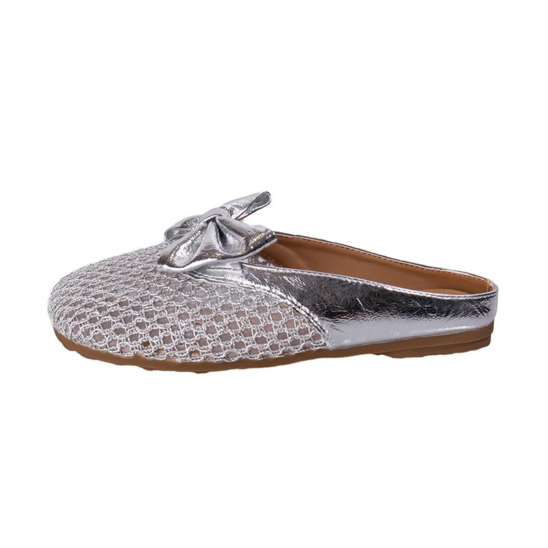 Fashion Baotou Slippers Women's Round Head Mesh Breathable Bow Outer Wear Soft Bottom Light Anti-slip Beach Semi-drag