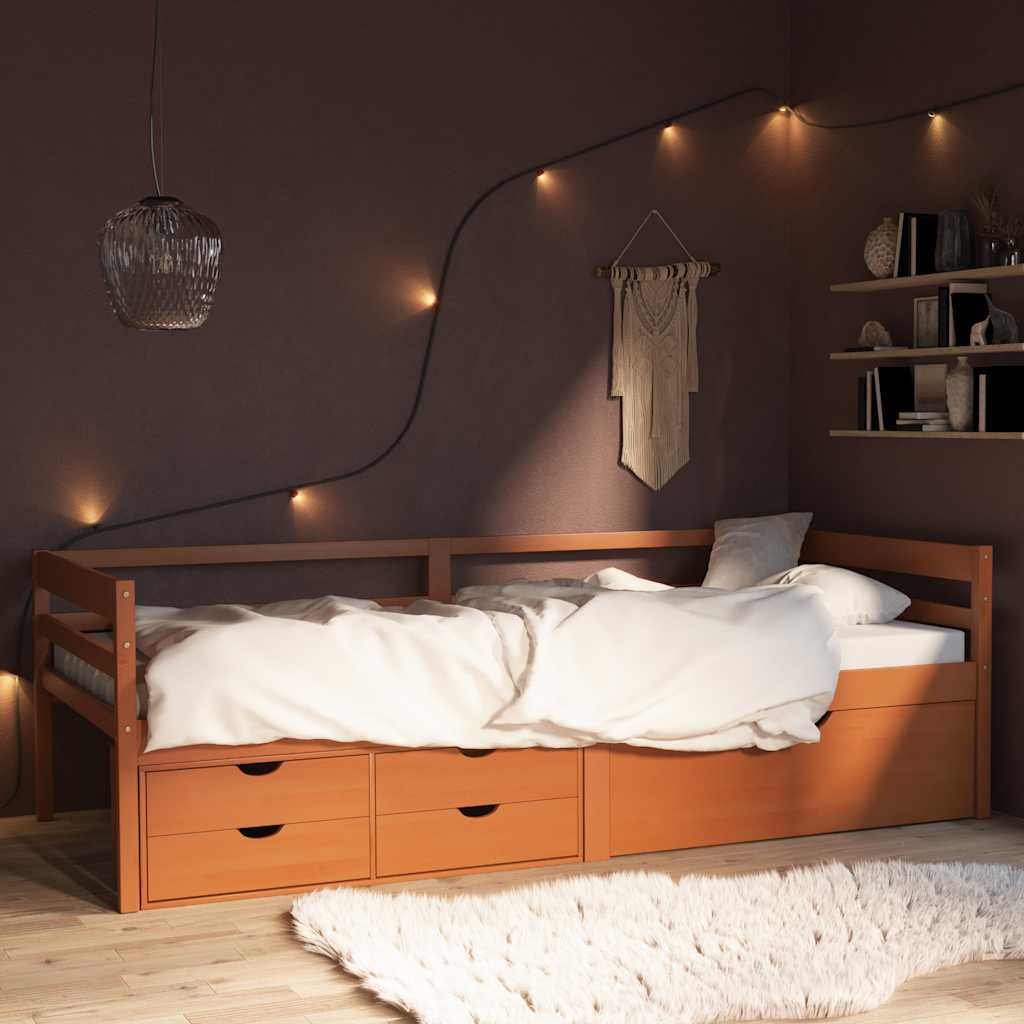 Solid Wood Bed with Drawers Honey Brown Pine 90 X 200 Cm