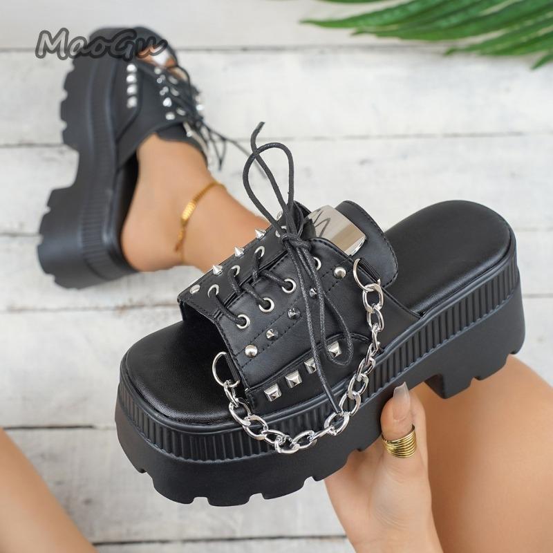 Fashion Women Summer 2025 Fashion Slippers Size42 Thick Heel Chain Rivet Decor Platform Slippers Punk Style High Heels Zapatos De Mujer