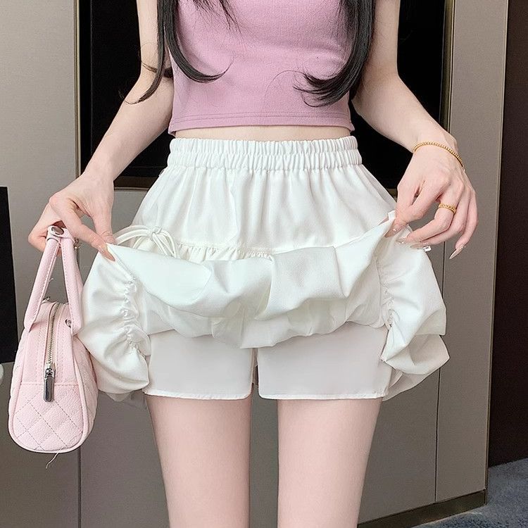 Bowknot Bubble Hem Midi Skirt Women's Summer High Waist Slimming A-Line Puff Short Skirt