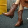 Women Boots Cowboy Boots Women Autumn Vintage Brown 2026 Embroidered Pointed Toe Brown Long Boots Chunky Mid Calf Women Shoes