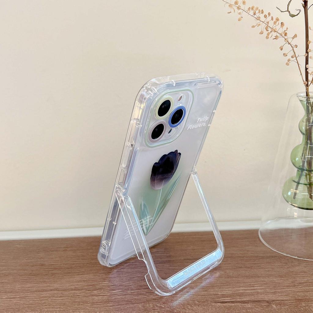 Black Tulips Flower Ins Clear Silicone Soft Phone Case For Iphone 11 12 Pro Max 13 Promax Cartoon Stand Holder Back Cover Capa