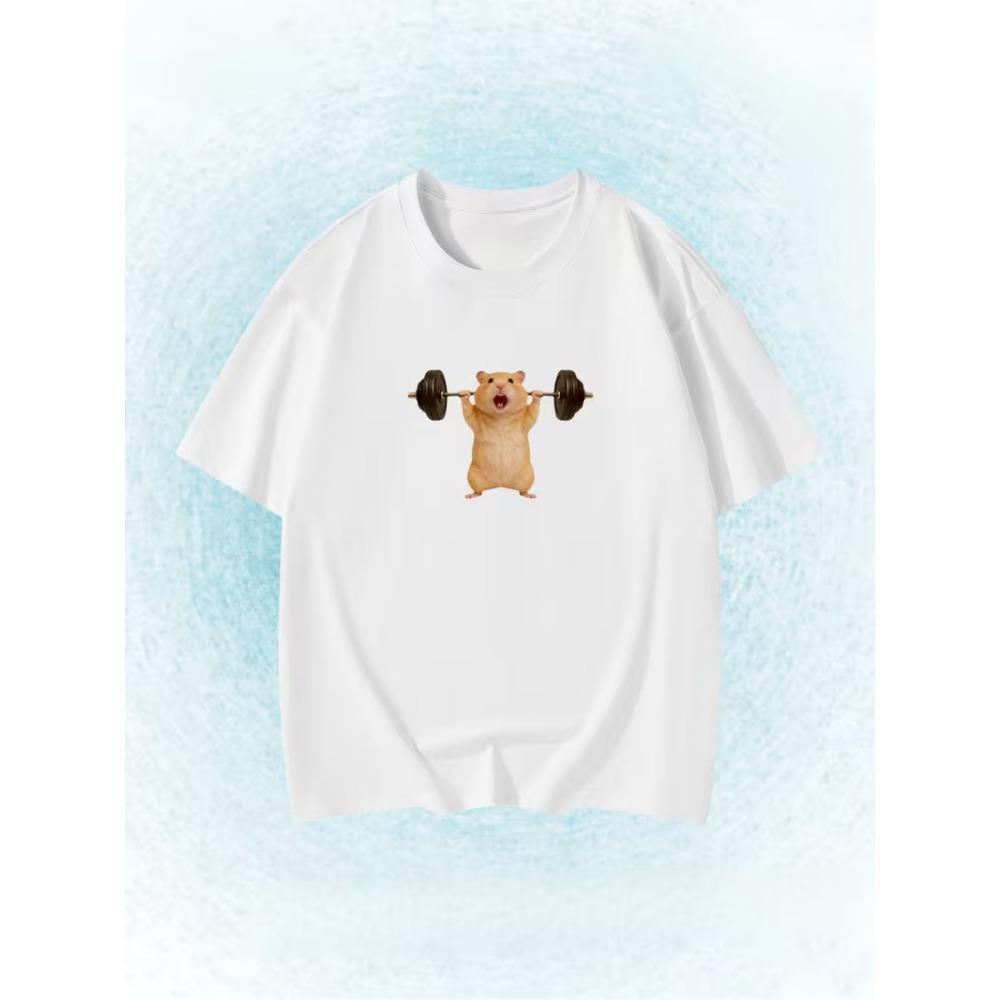 Fun Skiing Hamster Print T-Shirt Cute Meme-Style Short-Sleeve Summer Casual Top Perfect Women Clothing Fashion