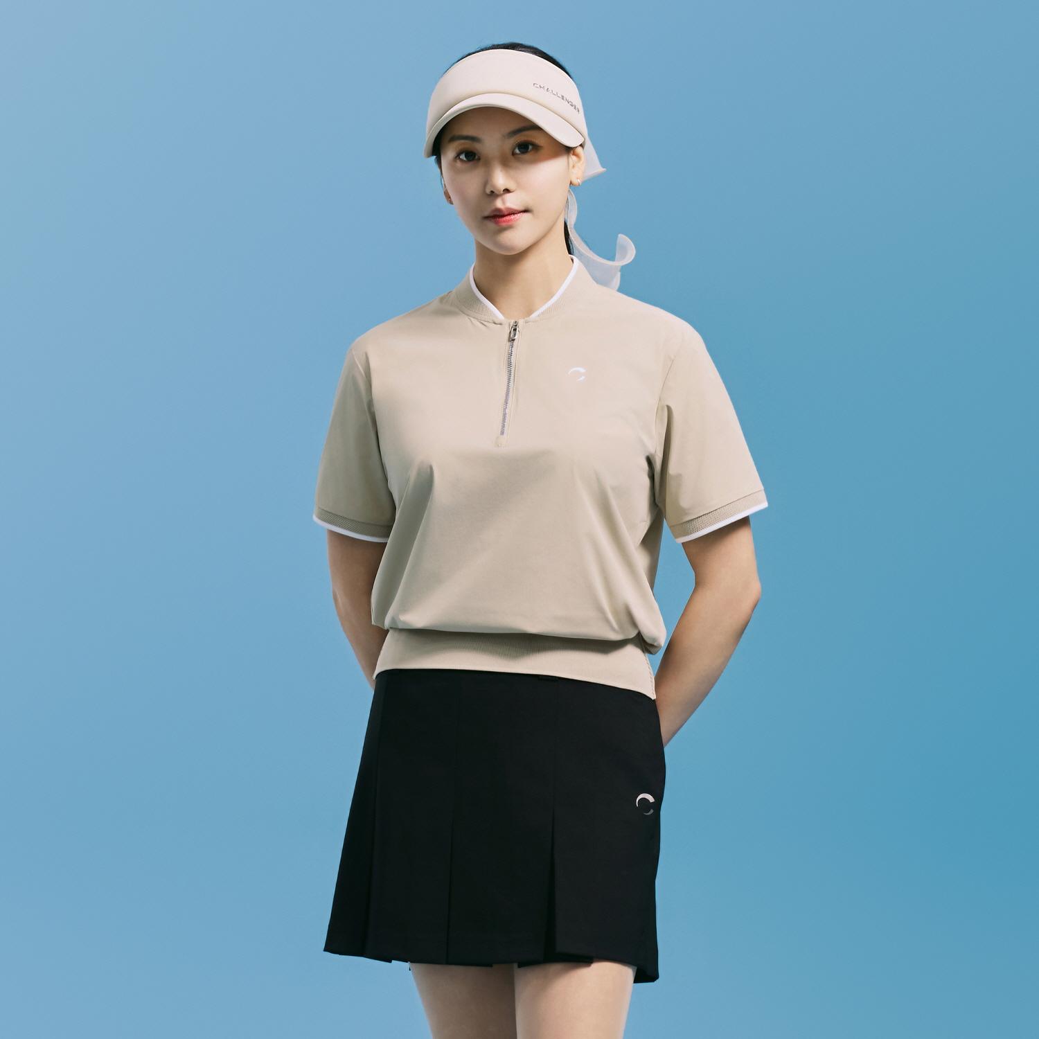 Challenger Women S Shirred Detail Half-Zip Stadium Collar Woven Top Beige Be/Xs