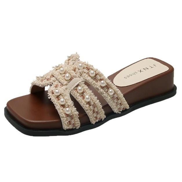 Französische Perlen-Slipper Damen Sommerbekleidung 2025 neu feenhaft klein duftender Stil Mode flacher Boden Ein-Wort Strand coole Slipper