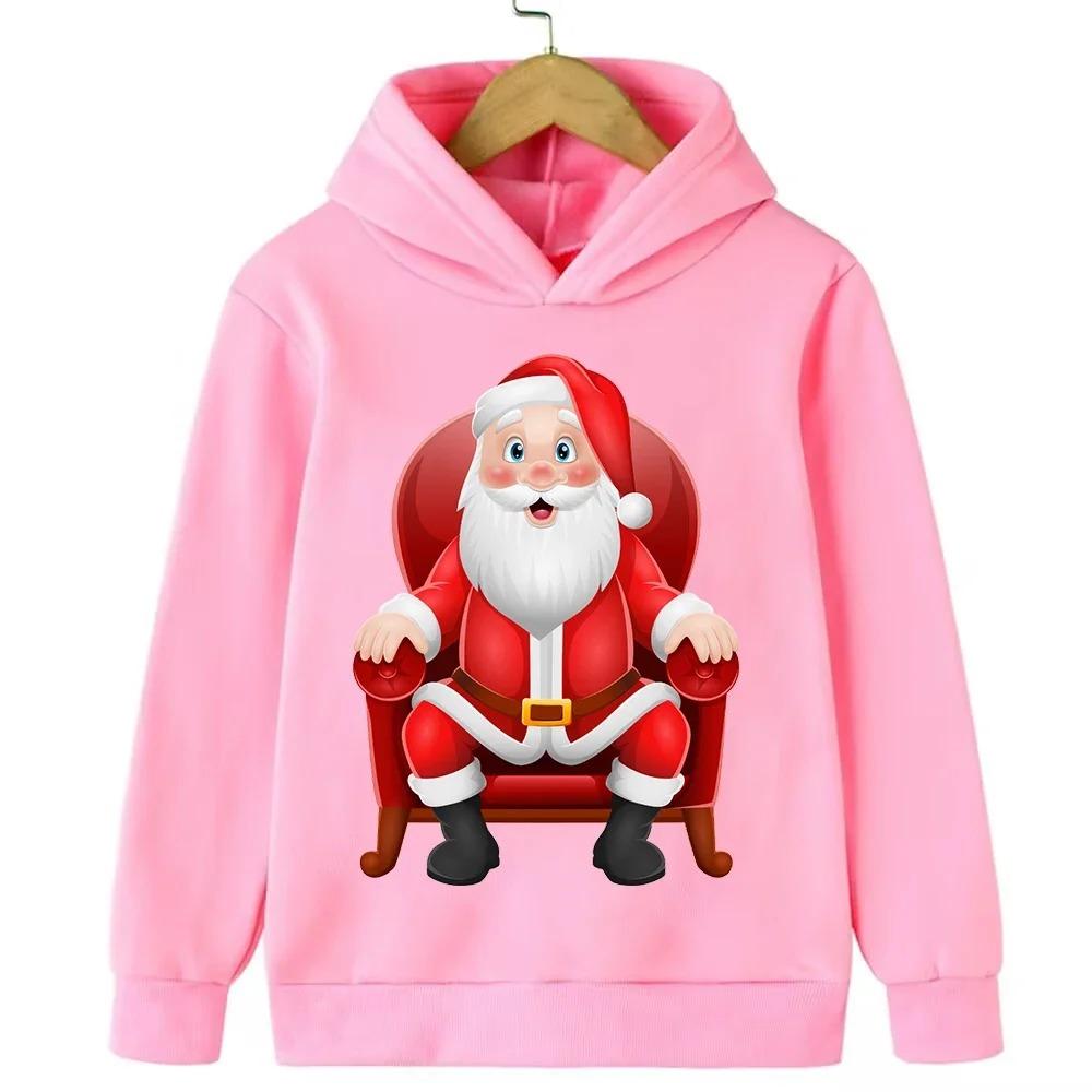 Christmas Cartoon Santa Claus Print Children Hooded Sweatshirt Boy Girl Autumn Winter Daily Outdoor Casual Loose Warm Sportswear