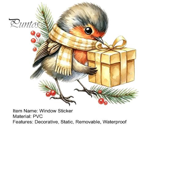Creative Gift Ideas Christmas Bird Static Window Sticker, Cute Watercolor Glass Stickers with Pine Branch, PVC Waterproof Art Clings for Holiday
