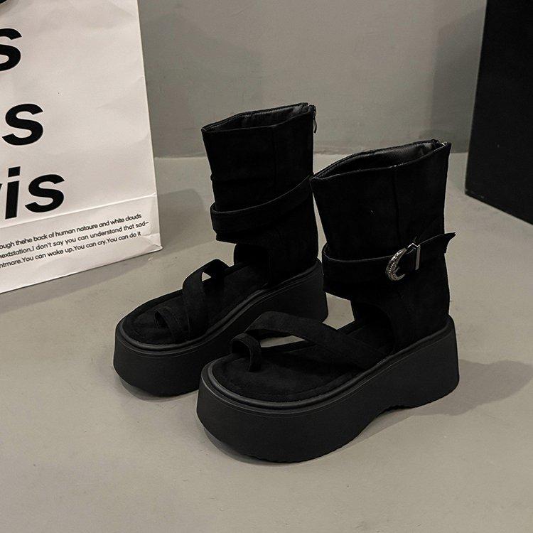 Vintage Platform Roman Sandals Women's 2025 Summer New Fashion Set Toe High-top Sandals Heightening Rear Zipper Short Boots