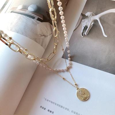 Chain Celebrity Surgical Neck Layered Pearl Extension Ring Coin