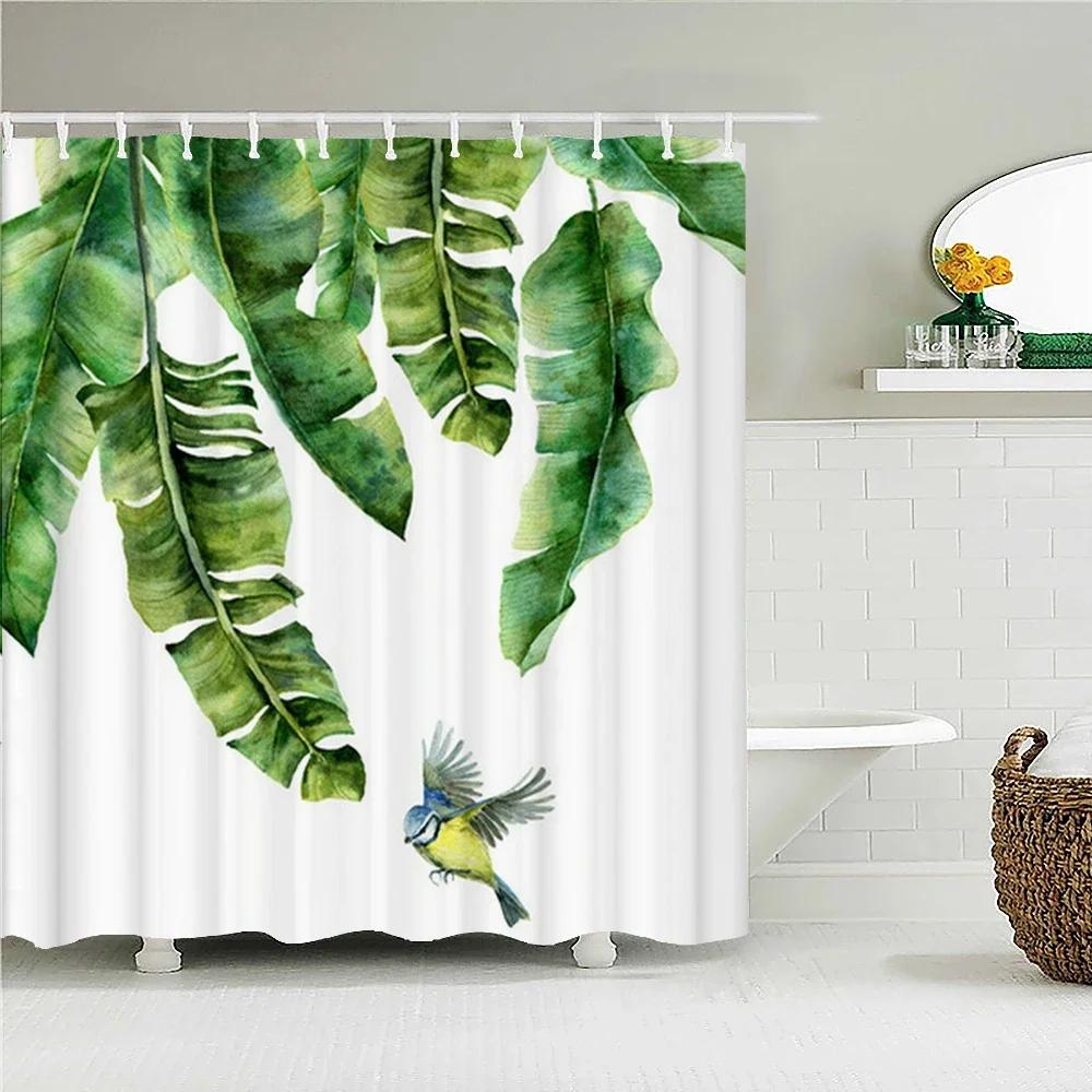 Waterproof Fabric Shower Curtain Printing Fresh Green Plant Leaves Bathroom Curtains Polyester Decoration Bath Screen With Ho