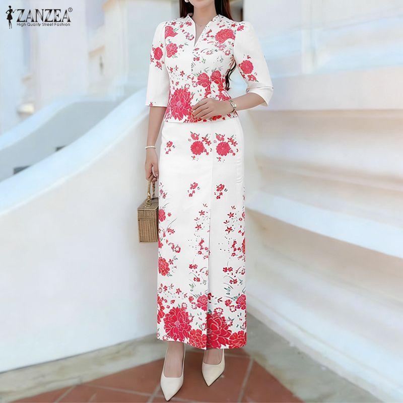 ZANZEA Women 3/4 Sleeve Blouse and Sheath Skirts Floral Print Elegant Two Piece Suit Sets