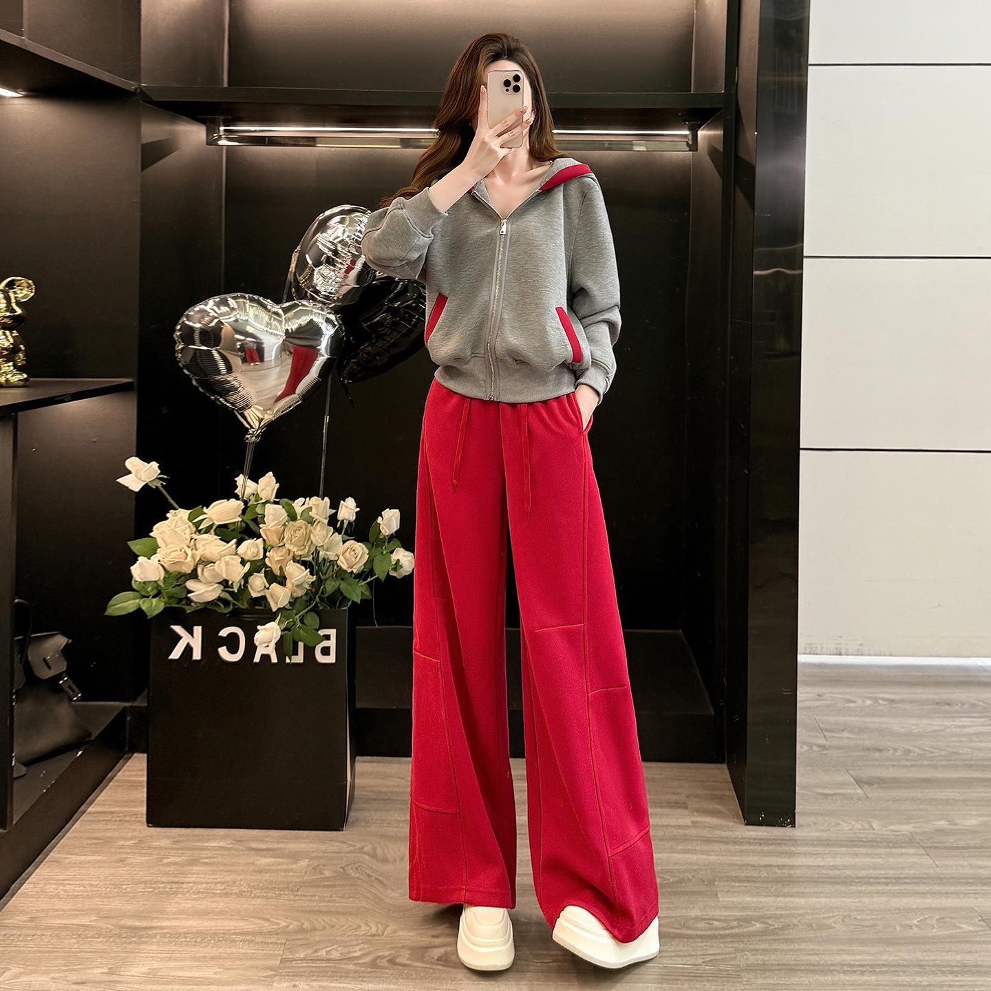 

Women s Casual Autumn Color Block Hoodie & Red Wide-Leg Pants Set M (Weight: 98-108 lb)