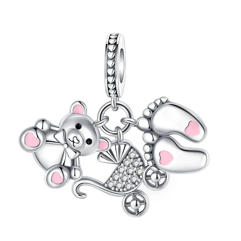 925 Silver Pink Blossom Dangle Charm Butterfly Heart Flower Rose Bird Bead For DIY Necklace Bracelet Fine Jewellery
