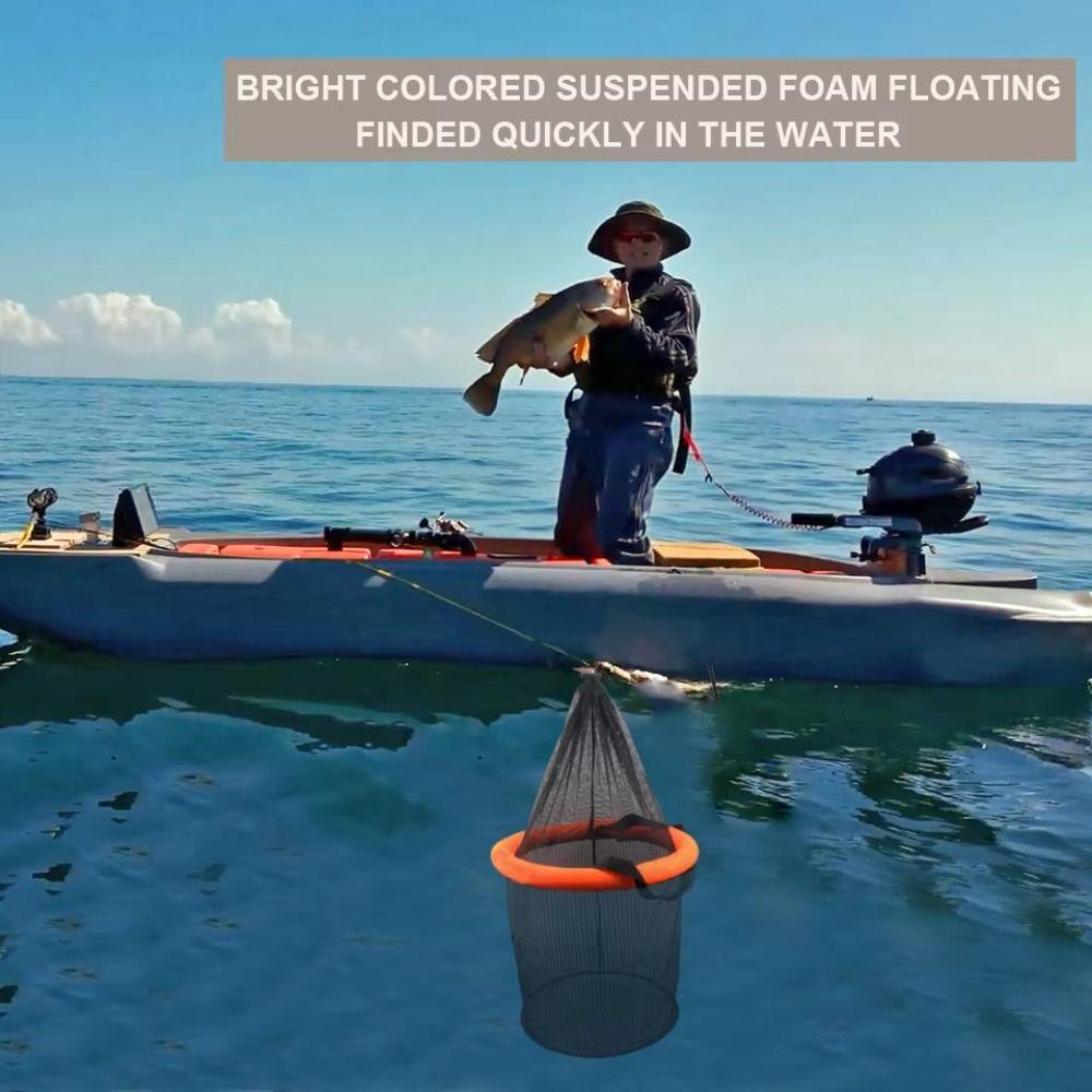 Collapsible Floating Fishing Bait Basket Bright Orange Fish Keeper Live Fish Net Outdoor Sports