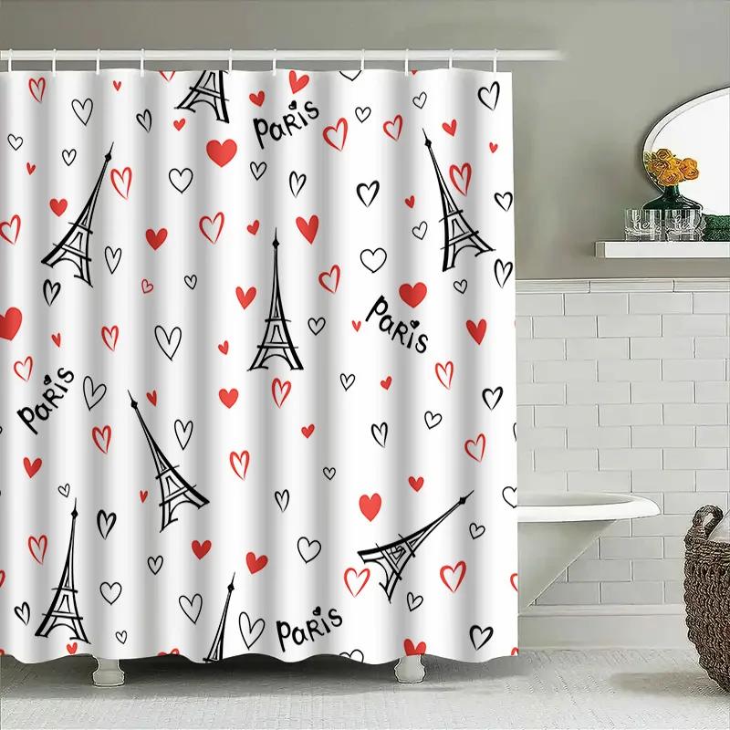 Fashionable Shower Curtain Featuring Iconic Eiffel Tower Design With Red Hearts Pattern For Romantic Paris Theme Decor In Bathro
