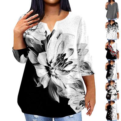 Women's Fashionable Casual Three Quarter Sleeve Printed V Neck Pullover 4/3 Sleeve Top