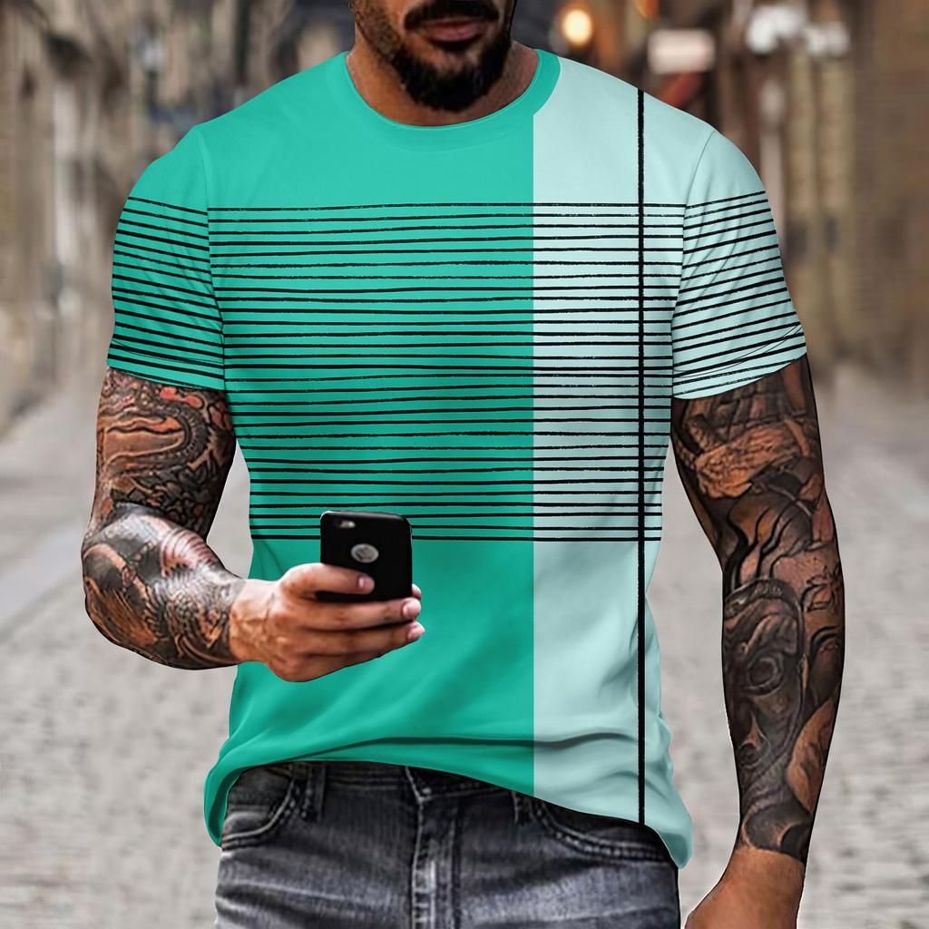 New Men's T-shirt Casual Short Sleeved Simple 3D Line Splicing Polyester Summer Round Neck Pullover Personalized Sports Top