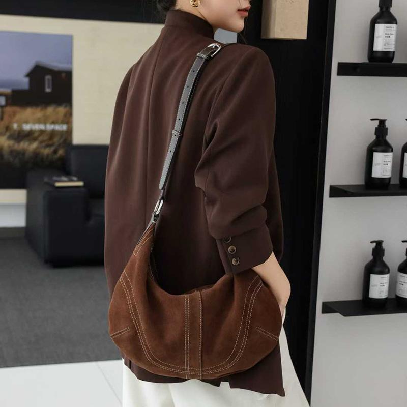 Luxury Women Suede Leather Hobo Shoulder Bag Vintage Half Moon Handbag Cross Body Daily Casual Underarm Purse Genuine Cowhide