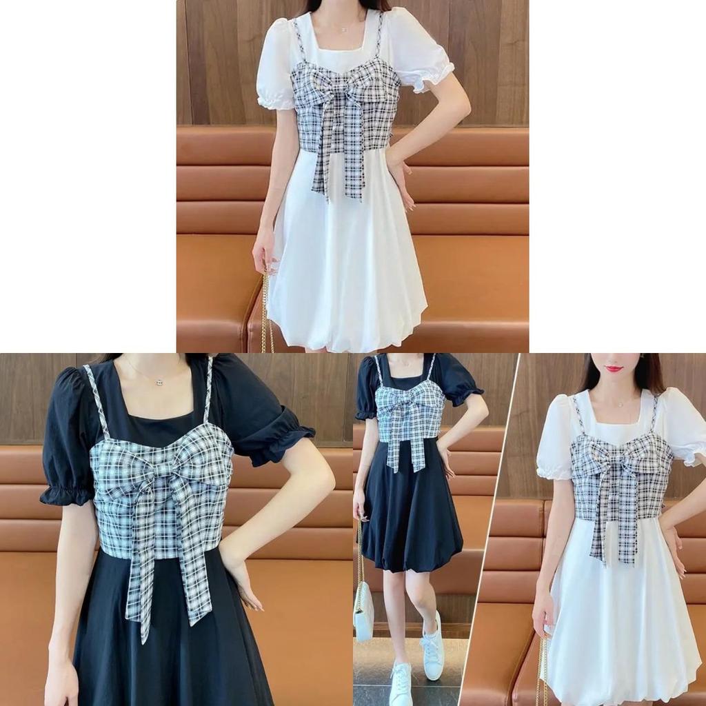 Summer French Style Twopiece Dress With Puff Sleeves And Bow For Petite Women