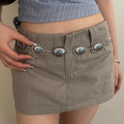 Retro Ethnic Style Waist Chain Women'S Metal Embossed Blue Inlaid Design With Skirt Jeans Belt