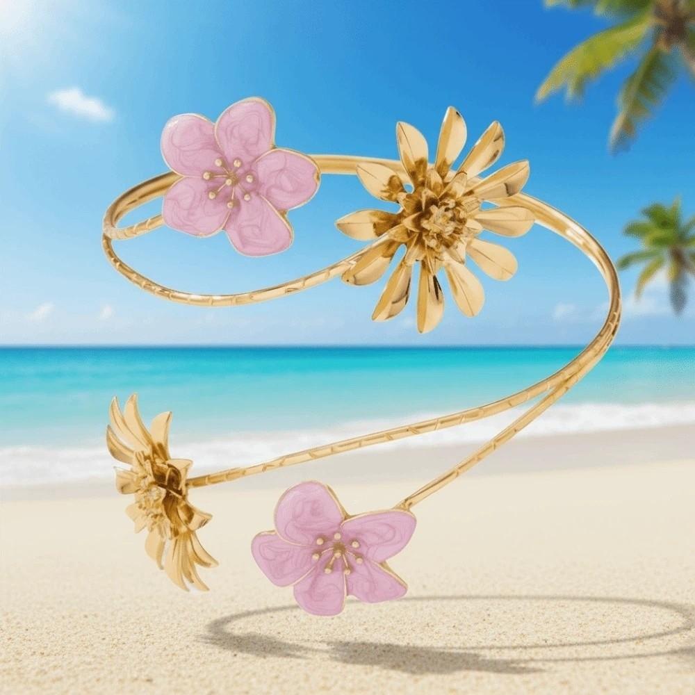 Zinc Zinc Alloy Chrysanthemum Armlet Open Arm Bangle Enamel Glaze Apricot Blossom Armband  Girls
