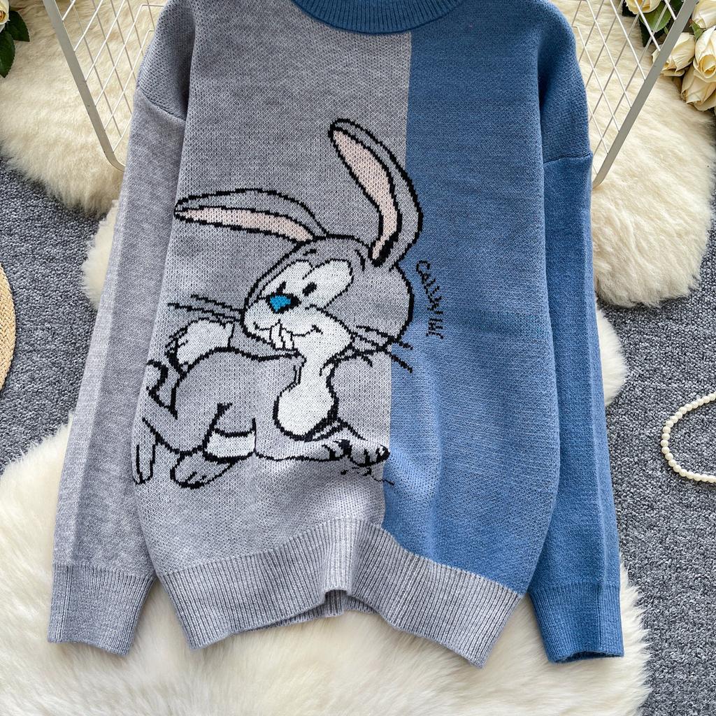 Autumn Winter Women College Style Cartoon Rabbit Knitted Sweater Pullover Tops For Girl