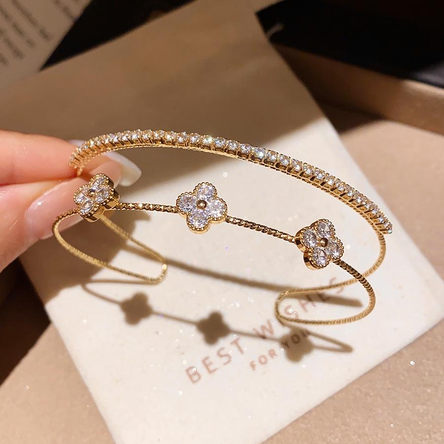 Gold Petal Zircon Flower Open Cuff Bracelet - Elegant Versatile Hand Jewelry
