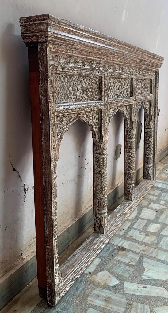 Floral Carved Wooden Jharokha Frame: Indian Heritage Wall Decor
