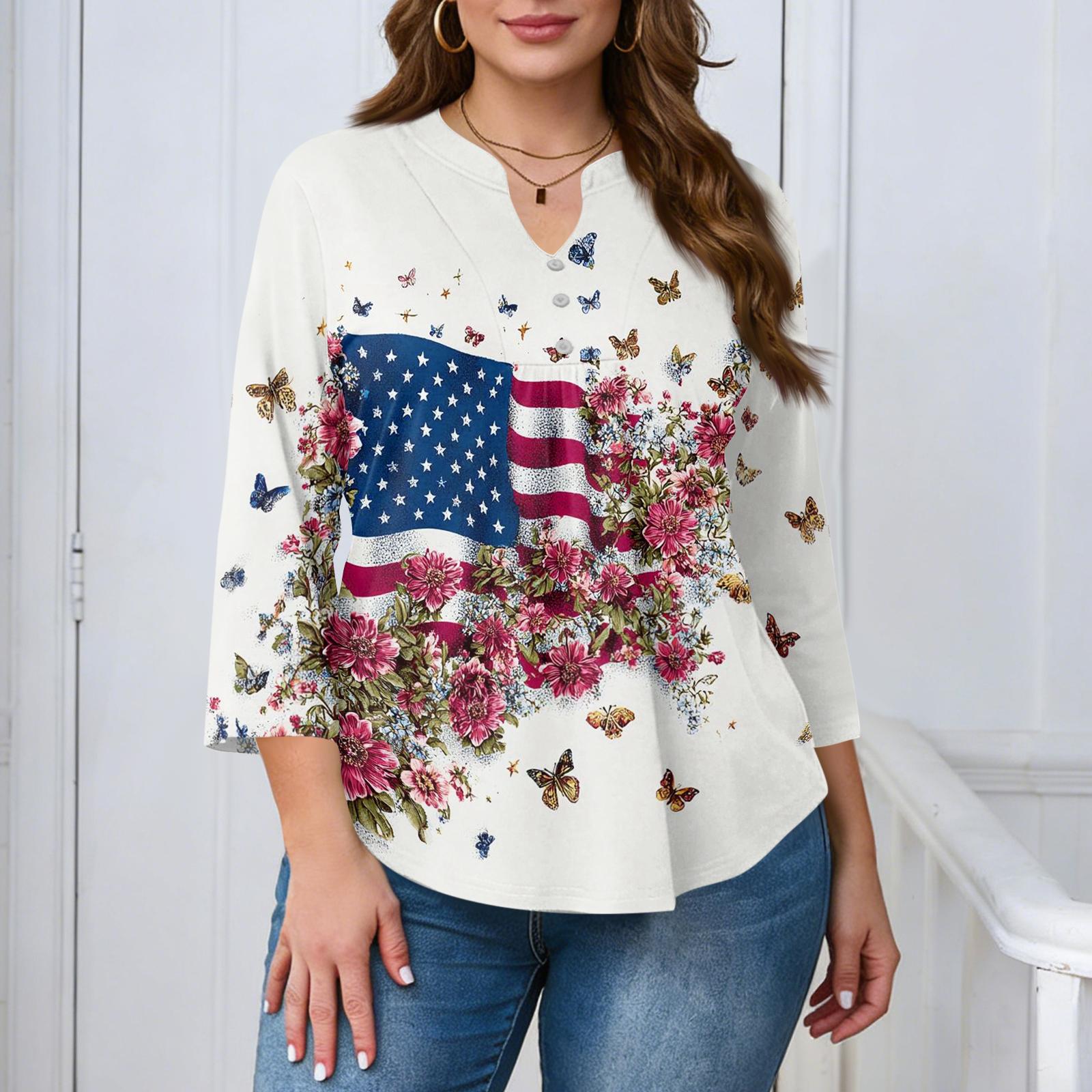 

Women’s Plus Size V Neck Top with Star Heart and Floral Print Loose Fit Three Quarter Sleeve Casual Blouse for Everyday Wear XL білий