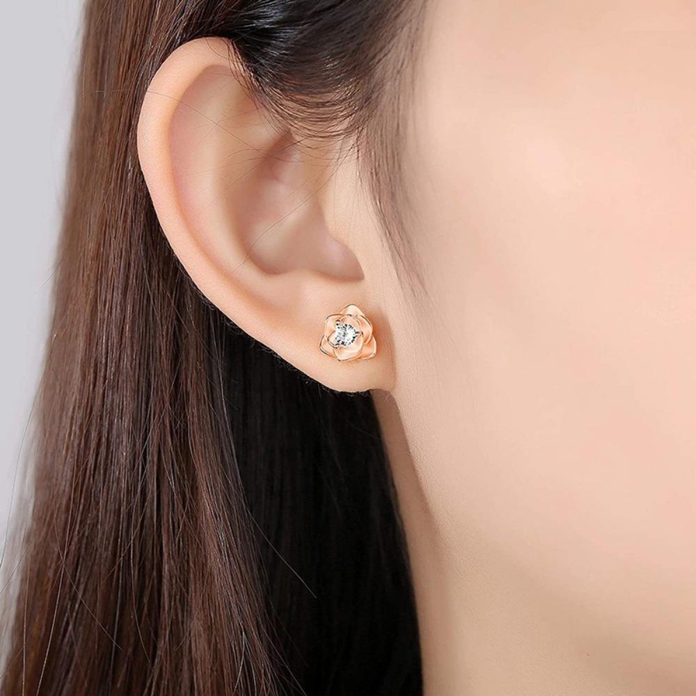 Rose Gold Flower and Diamond Stud Earrings, Fashionable and Beautiful