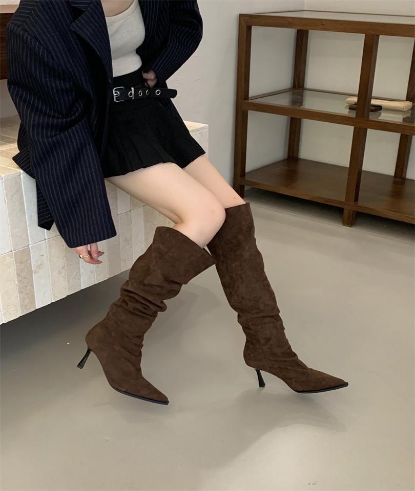 High-heeled French pointed but knee boots women's boots autumn and winter 2025 new suede sleeve pleated pile boots