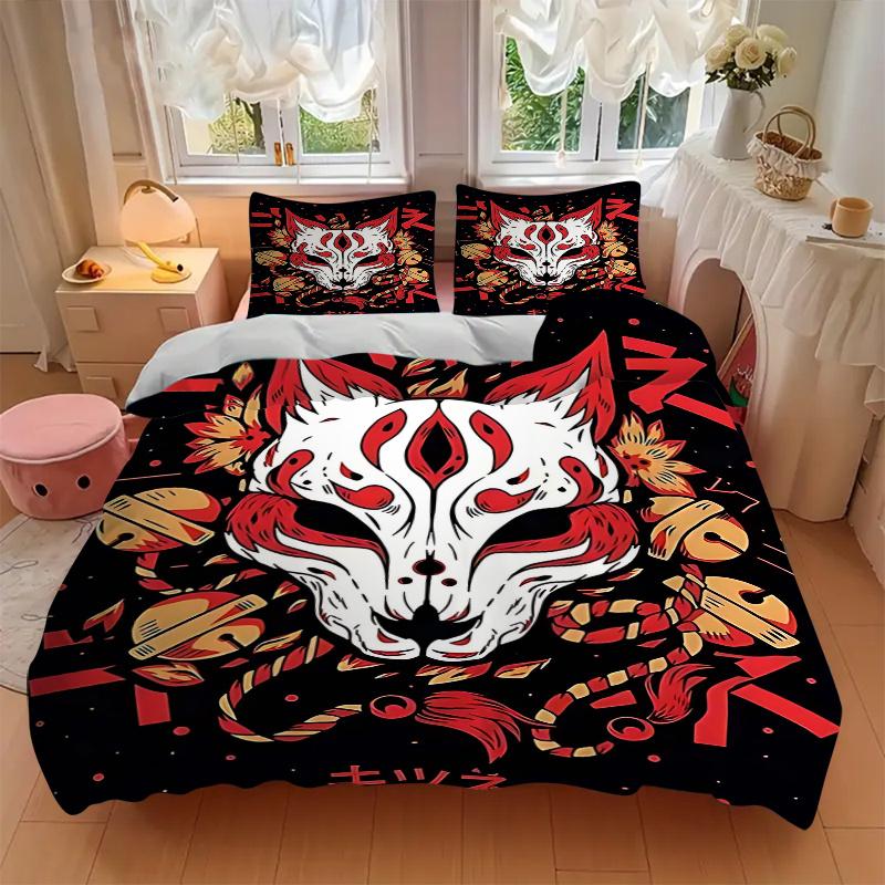 3pcs Anime Fox Mask Comforter Set with One Quilt Cover and Two Pillowcases (No Core) - Home Decor, Festival Gift, Polyester Fabric, Anime Cartoon Desi