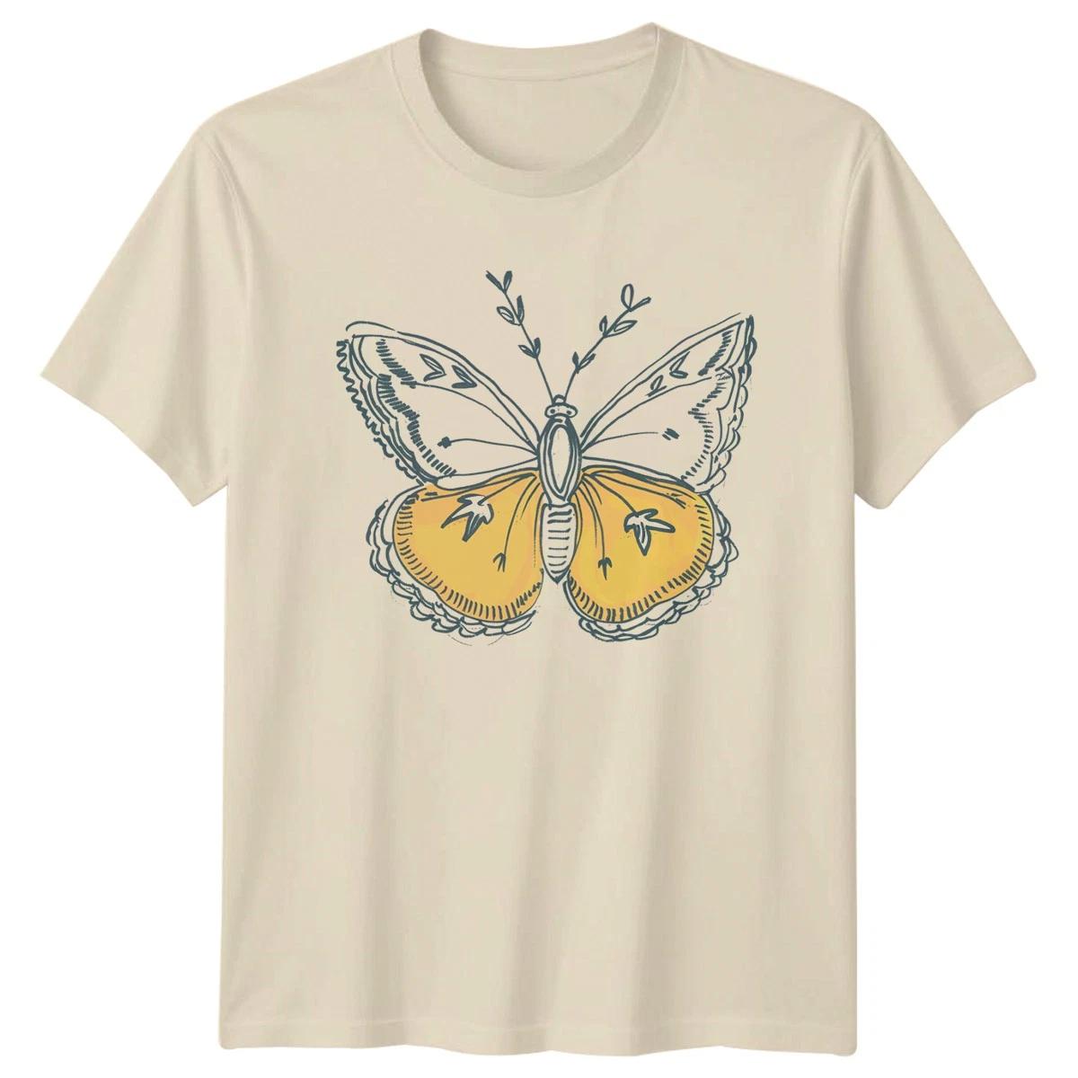 Sketchy Yellow Butterfly Line Art Womens T-Shirt Insect Nature Gift For Her L