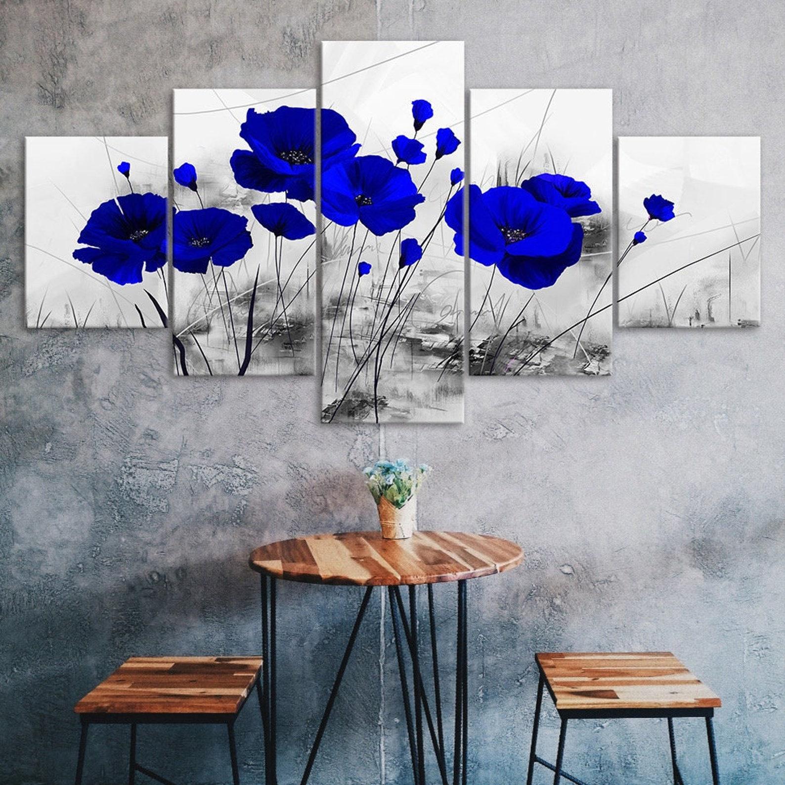 

Blue Poppy Flower Plant Abstract Scene 5 Piece Five Panel Wall Canvas Print Modern Art Poster Picture Home Decor Gift For Him For Her 20X35 20X45 20X55CM