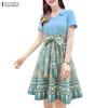 Women Casual V-Neck Retro Print Patchwork Summer Short Sleeve Dress