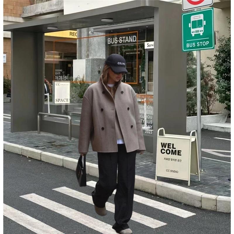 

Ретро Коричневый Шерстяной Двубортный Пиджак Женский V-образный вырез Толстый Теплый Пиджак XL хаки