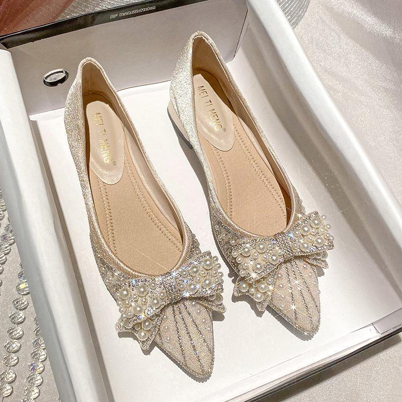 Pointed single shoes women's spring 2025 new French shallow mouth rhinestone pearl soft sole ladyshoes thick heel versatile women's shoes