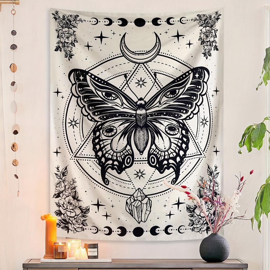 VIKAMA Black And White Minimalist Moth Print Tapestry For Living Room Bedroom Outdoor Party Home Decoration Wall Hanging